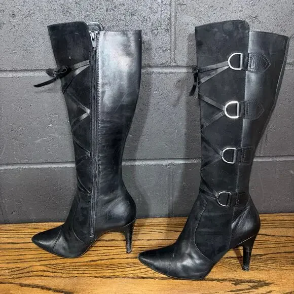Via Spiga Black Leather Knee High Heeled Boots Women’s Size 7.5 - Picture 2 of 12